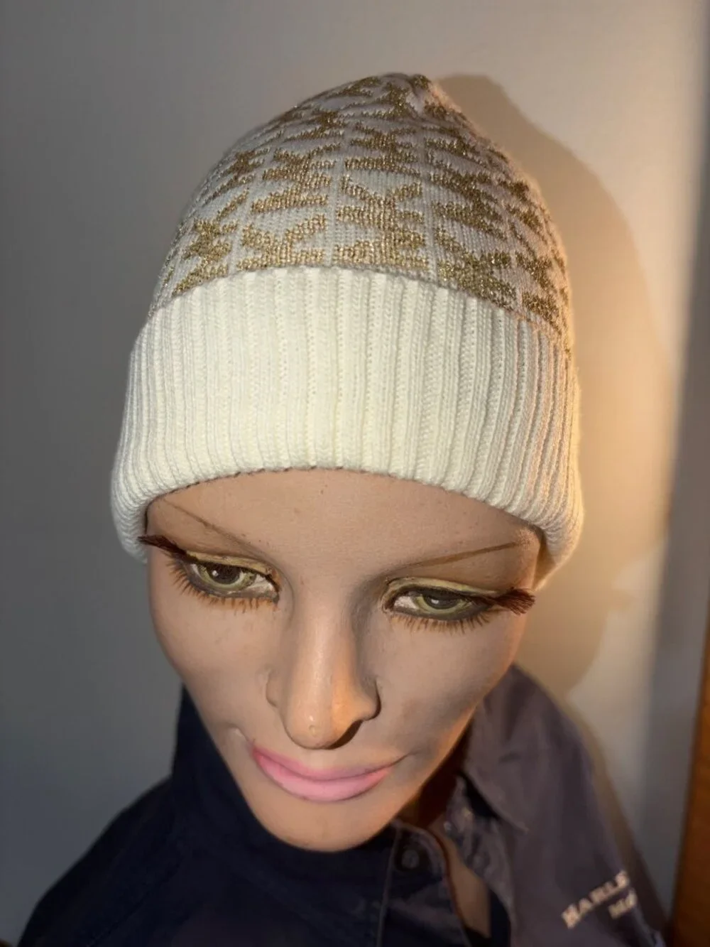 MK Knit Beanie Metallic Gold & White Ribbed Cuff Black & Silver Or White & Gold